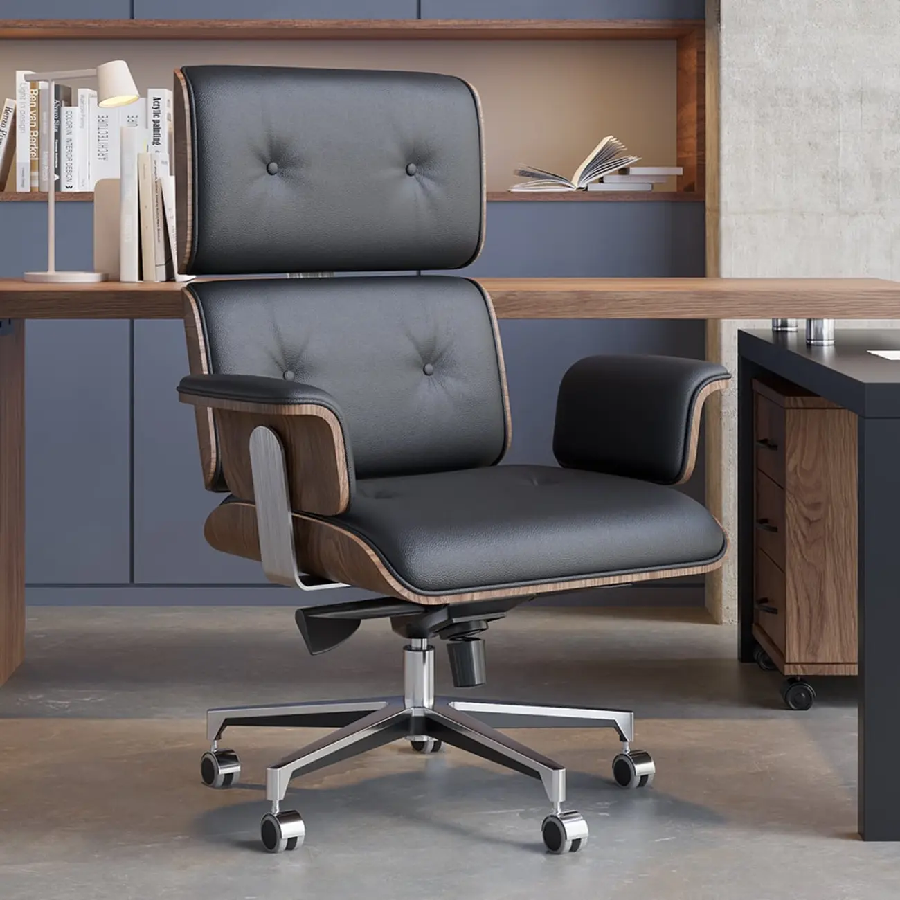 Black Wooden Adjustable Height Swivel Upholstered Desk Chair Home Office Image - 1 | homeyfad