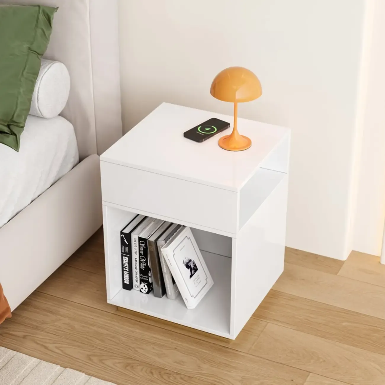 Compact White Wooden Cube Side Table with Open Shelf Image - 4