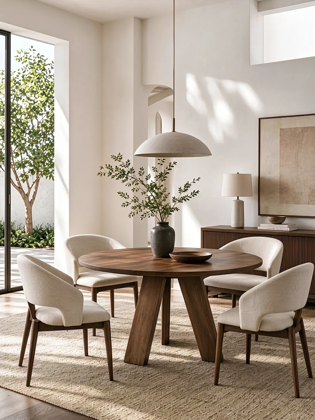 wood dining table decor with neutral ceramics