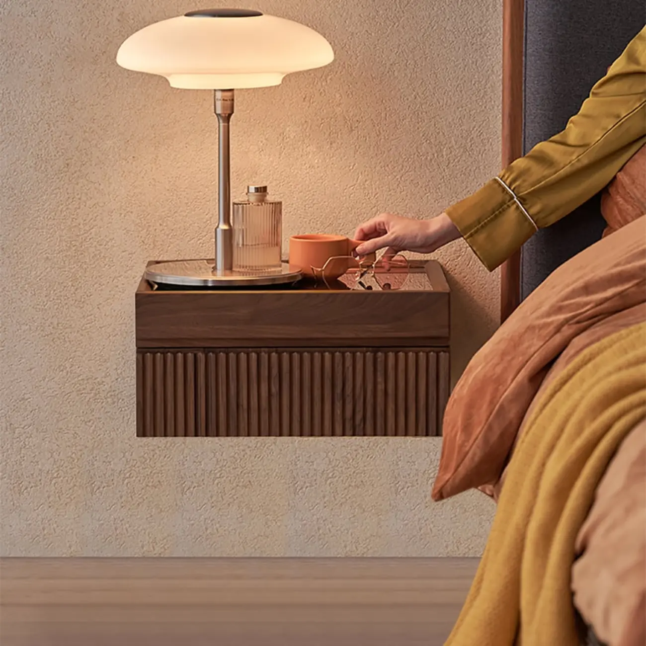 Modern Glass Top Walnut Floating Nightstand with Drawers Image - 1 | homeyfad
