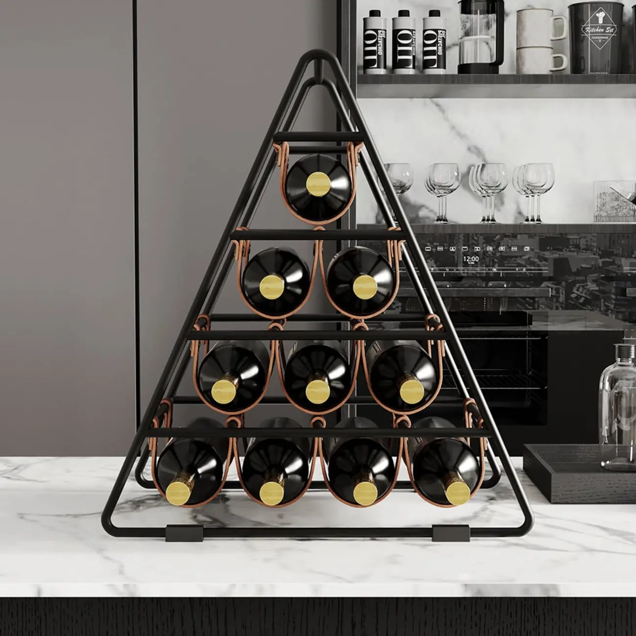 Industrial Black Metal Countertop Triangle 10 Bottles Wine Rack Holder Image - 2 | homeyfad