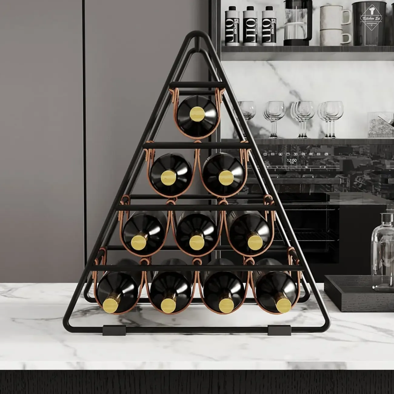 Industrial Black Metal Countertop Triangle 10 Bottles Wine Rack Holder Image - 2