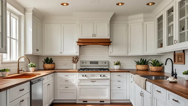 White minimalist kitchen cabinets with plants