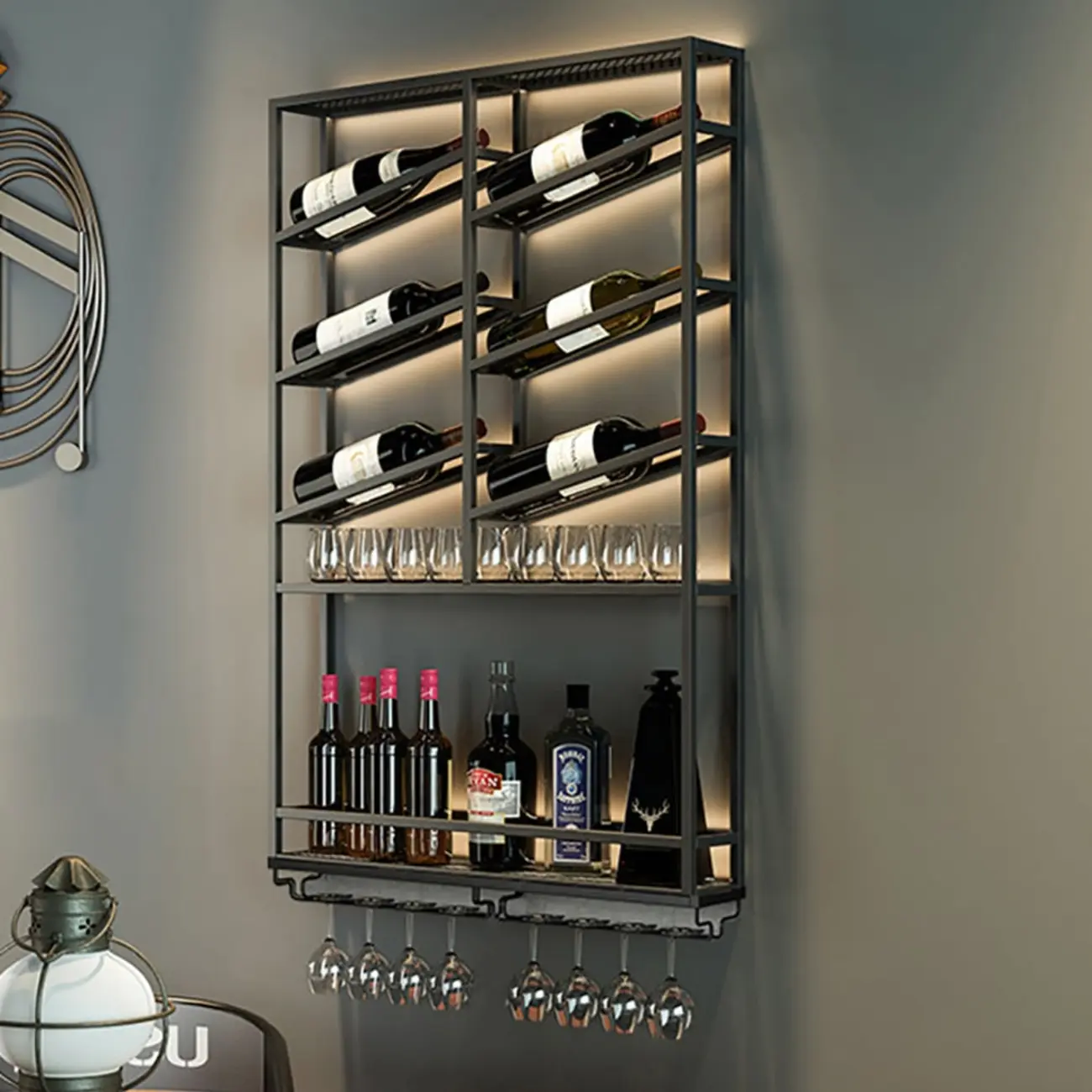Industrial Wall Mounted Gold Metal Wine Rack with Bottle Rack Image - 8 | homeyfad