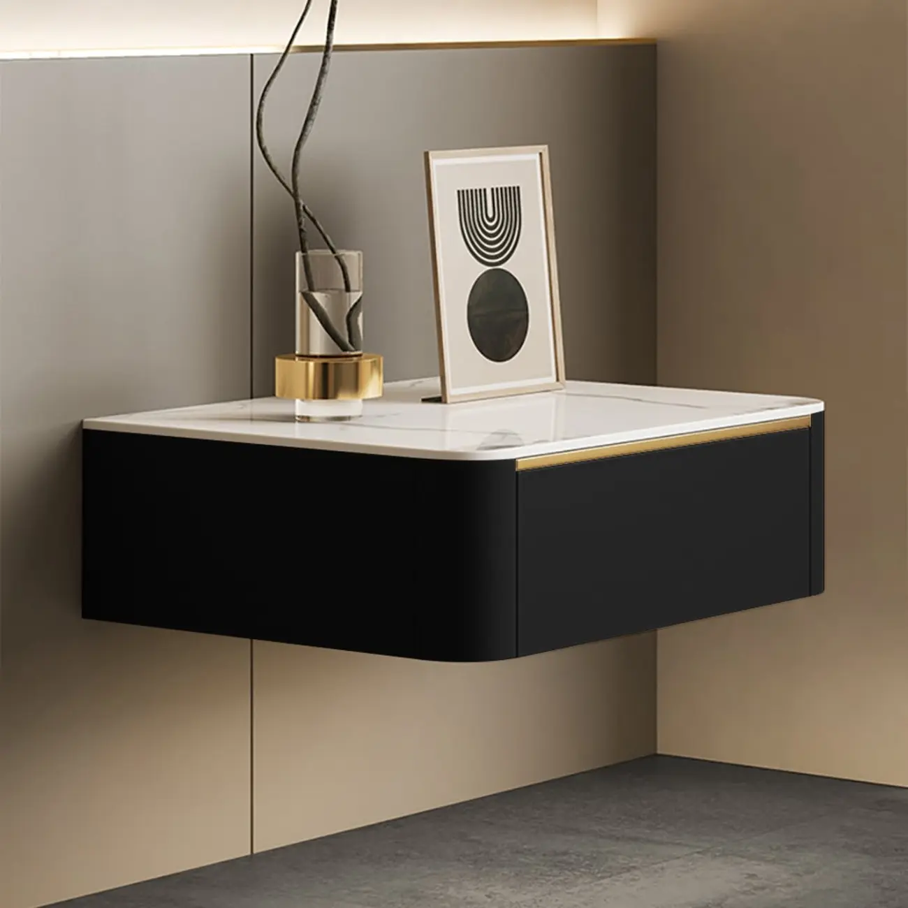 Modern Wood Stone Top Floating Nightstand with Drawer Image - 2 | homeyfad