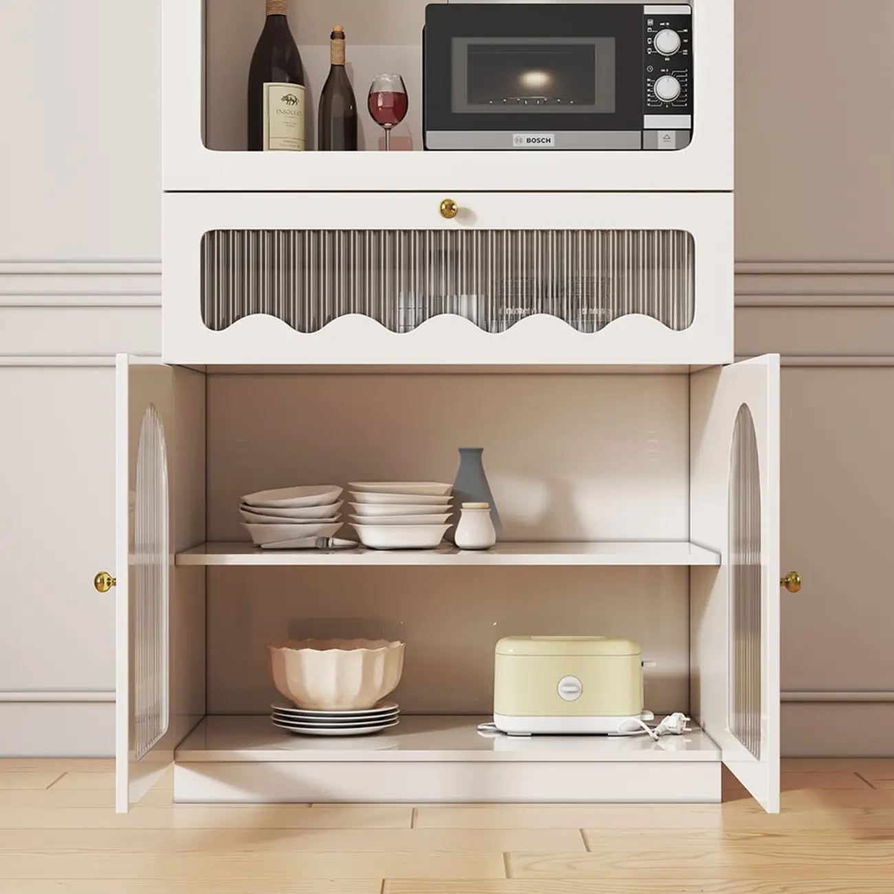 Tall White MDF Fluted Glass Doors Wine storage Sideboard Image - 6 | homeyfad