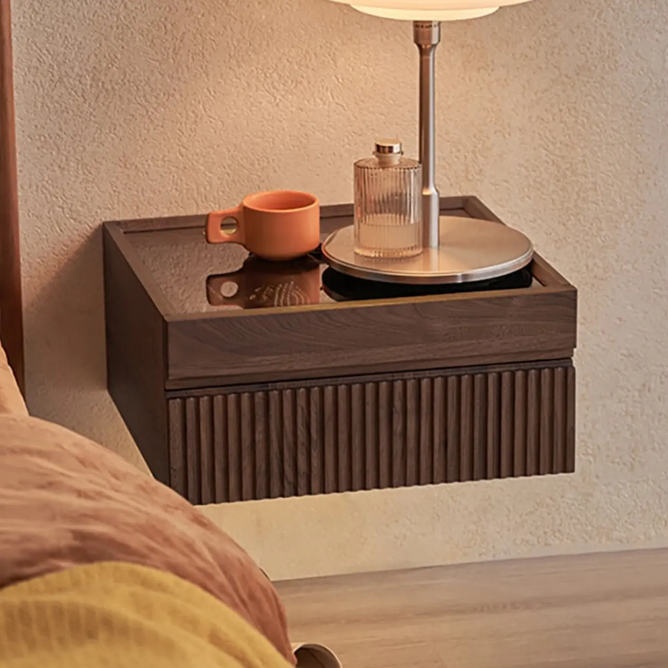 Modern Glass Top Walnut Floating Nightstand with Drawers Image - 2 | homeyfad
