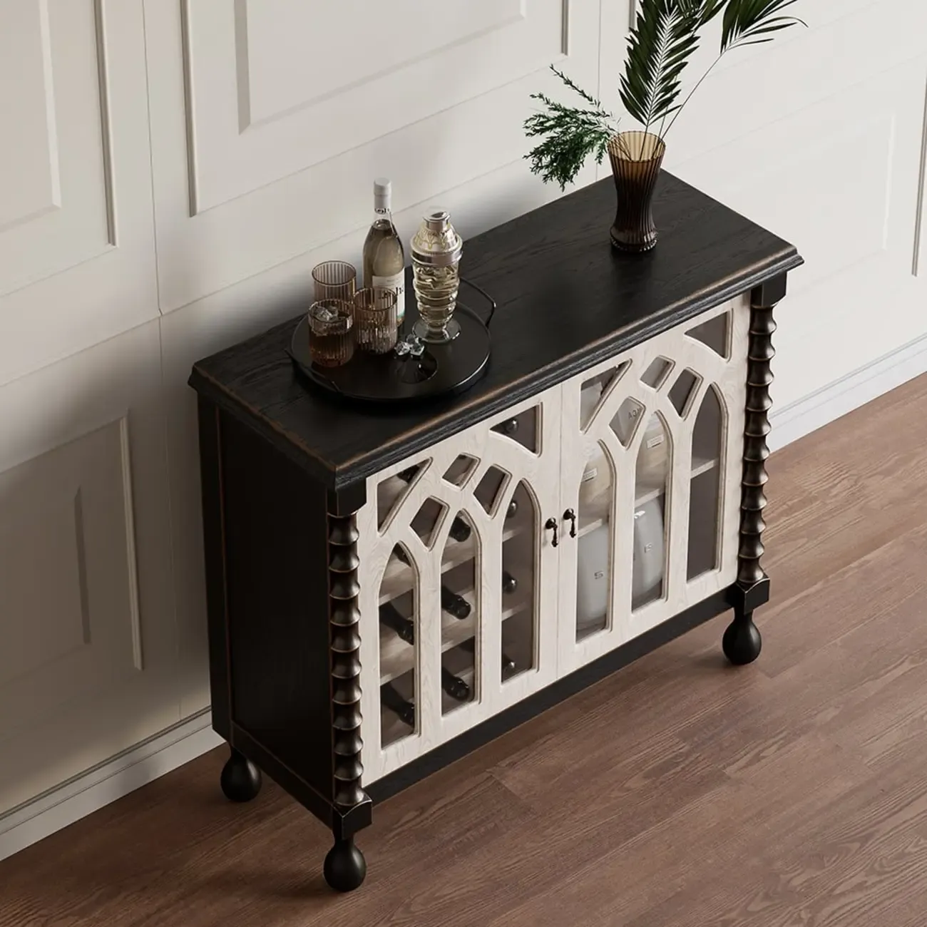 Traditional Black MDF Wine Rack Cabinet with Doors Image - 7