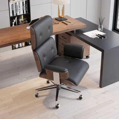 Black Wooden Adjustable Height Swivel Upholstered Desk Chair Home Office Image - 3
