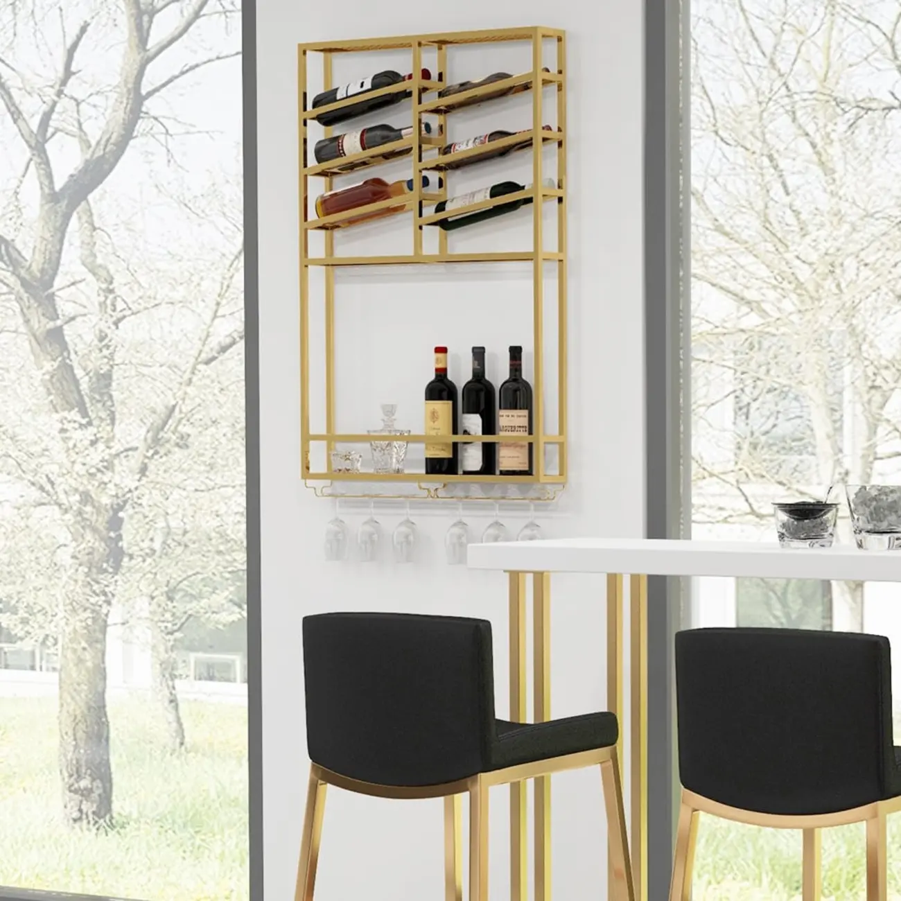 Industrial Wall Mounted Gold Metal Wine Rack with Bottle Rack Image - 2 | homeyfad