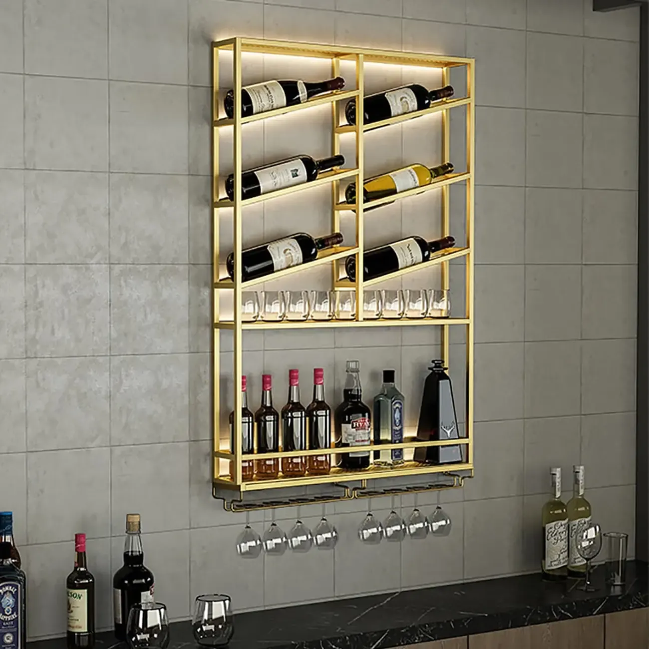 Glam Metal Wall Mounted Wine Bottle Rack with Glass Rack | HomeyFad