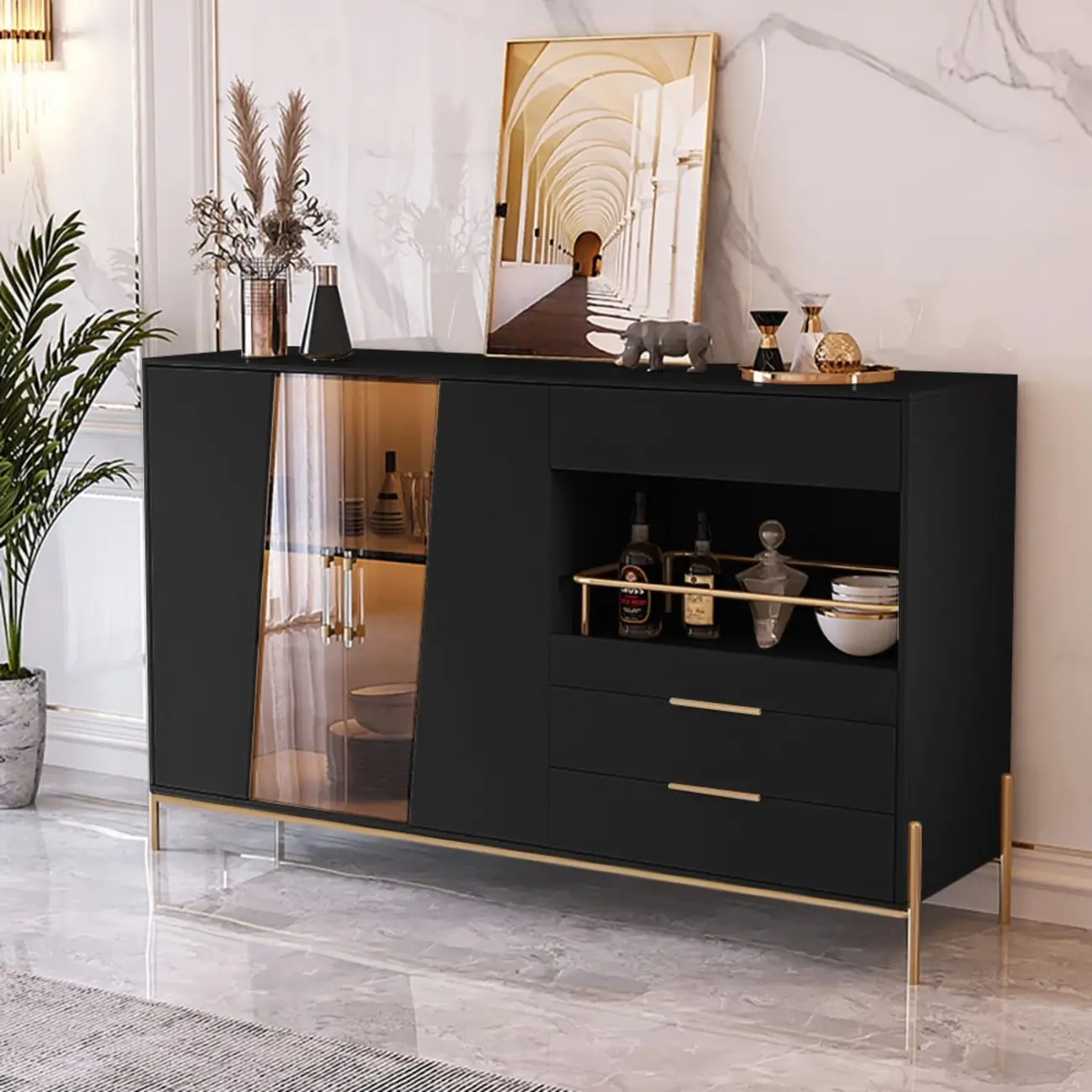 Modish Black Wooden Lighted Open Shelving Buffet Cabinet Image - 1 | homeyfad