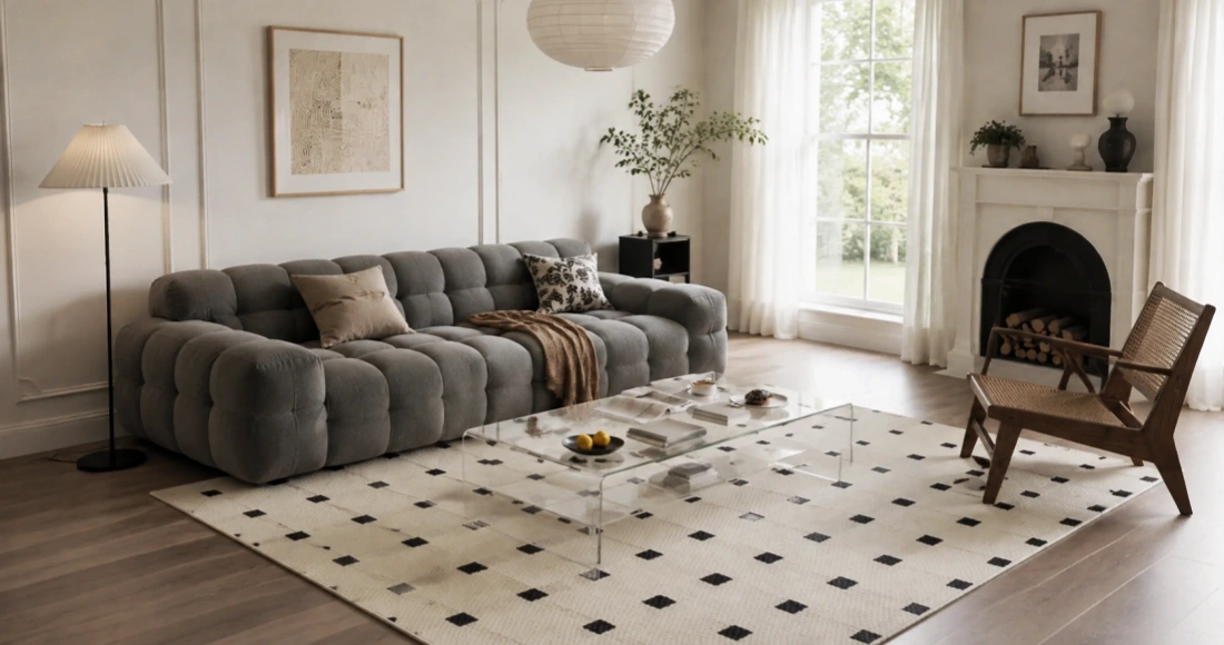 glass coffee table with grey sofa