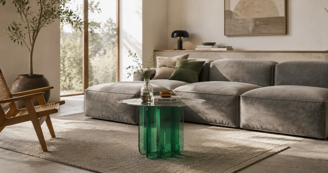 green coffee table with grey sofa