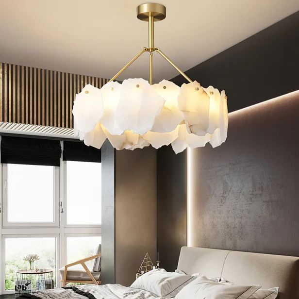 Brass Downrod Circular White Alabaster Chandelier | homeyfad