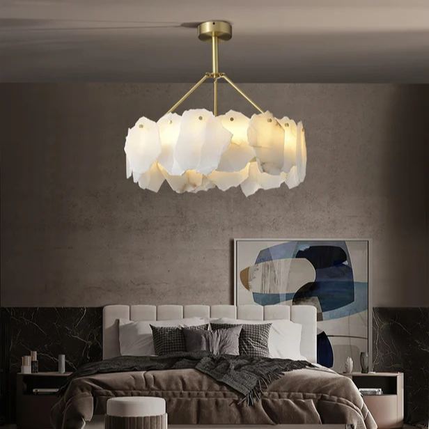 Brass Downrod Circular White Alabaster Chandelier | homeyfad