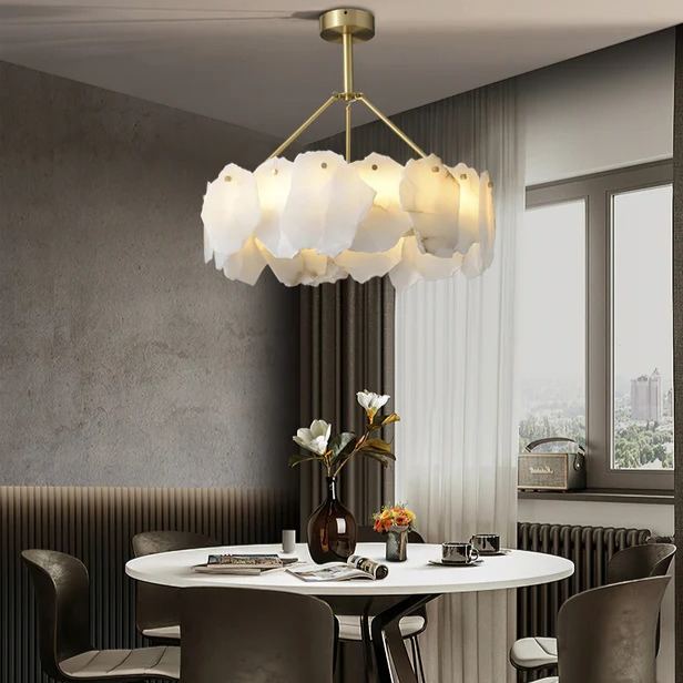 Brass Downrod Circular White Alabaster Chandelier | homeyfad