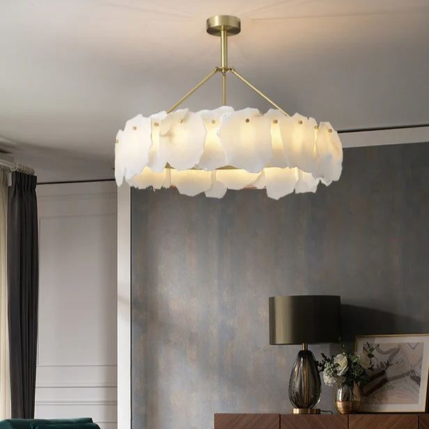 Brass Downrod Circular White Alabaster Chandelier | homeyfad