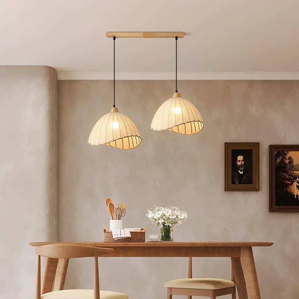 Rattan Fabric Pendant Lamp Beige Dome Shape For Kitchen Image - 2