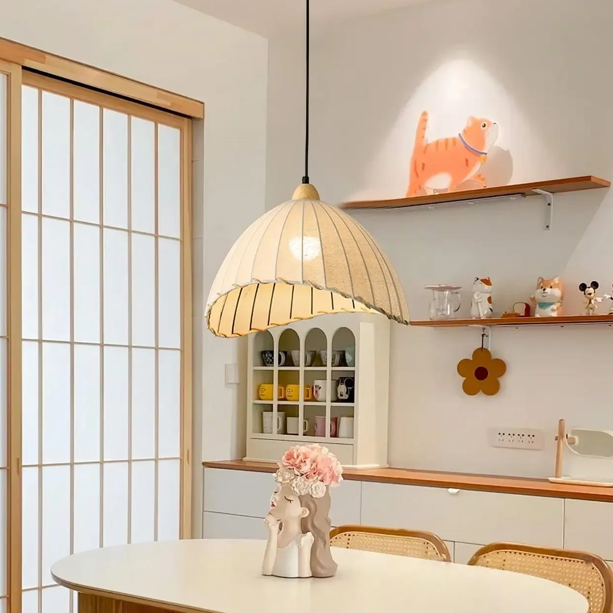 Rattan Fabric Pendant Lamp Beige Dome Shape For Kitchen Image - 4 | homeyfad