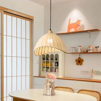 Rattan Fabric Pendant Lamp Beige Dome Shape For Kitchen Image - 4