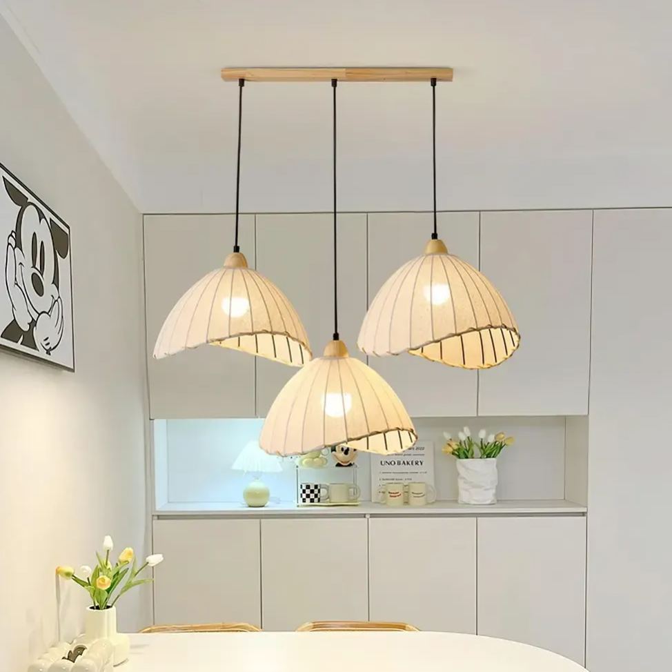 Rattan Fabric Pendant Lamp Beige Dome Shape For Kitchen Image - 8