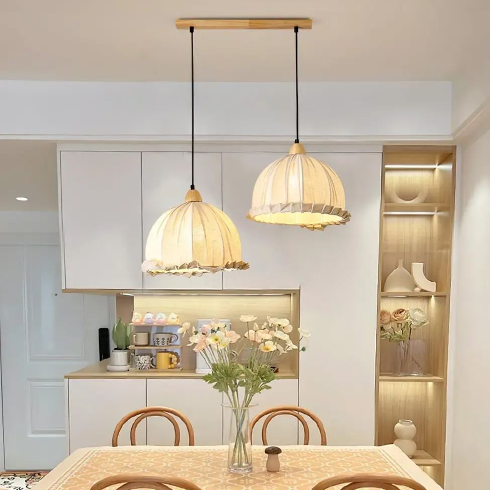 Rattan Fabric Pendant Lamp Beige Dome Shape For Kitchen Image - 9