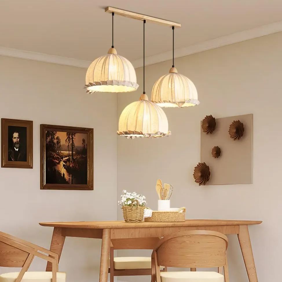Rattan Fabric Pendant Lamp Beige Dome Shape For Kitchen Image - 11 | homeyfad