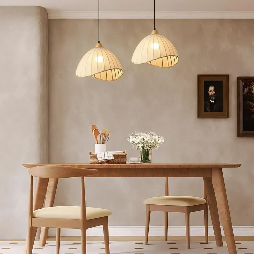 Rattan Fabric Pendant Lamp Beige Dome Shape For Kitchen Image - 12 | homeyfad