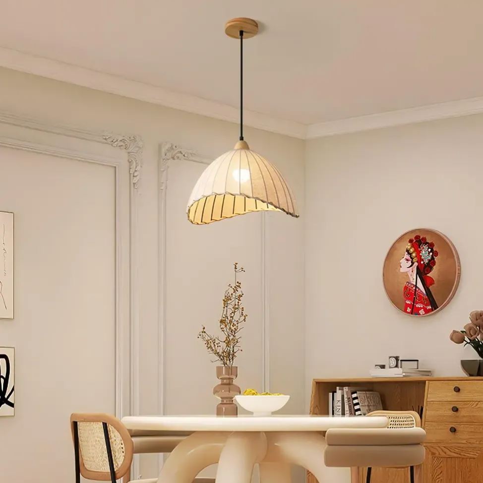 Rattan Fabric Pendant Lamp Beige Dome Shape For Kitchen Image - 13 | homeyfad