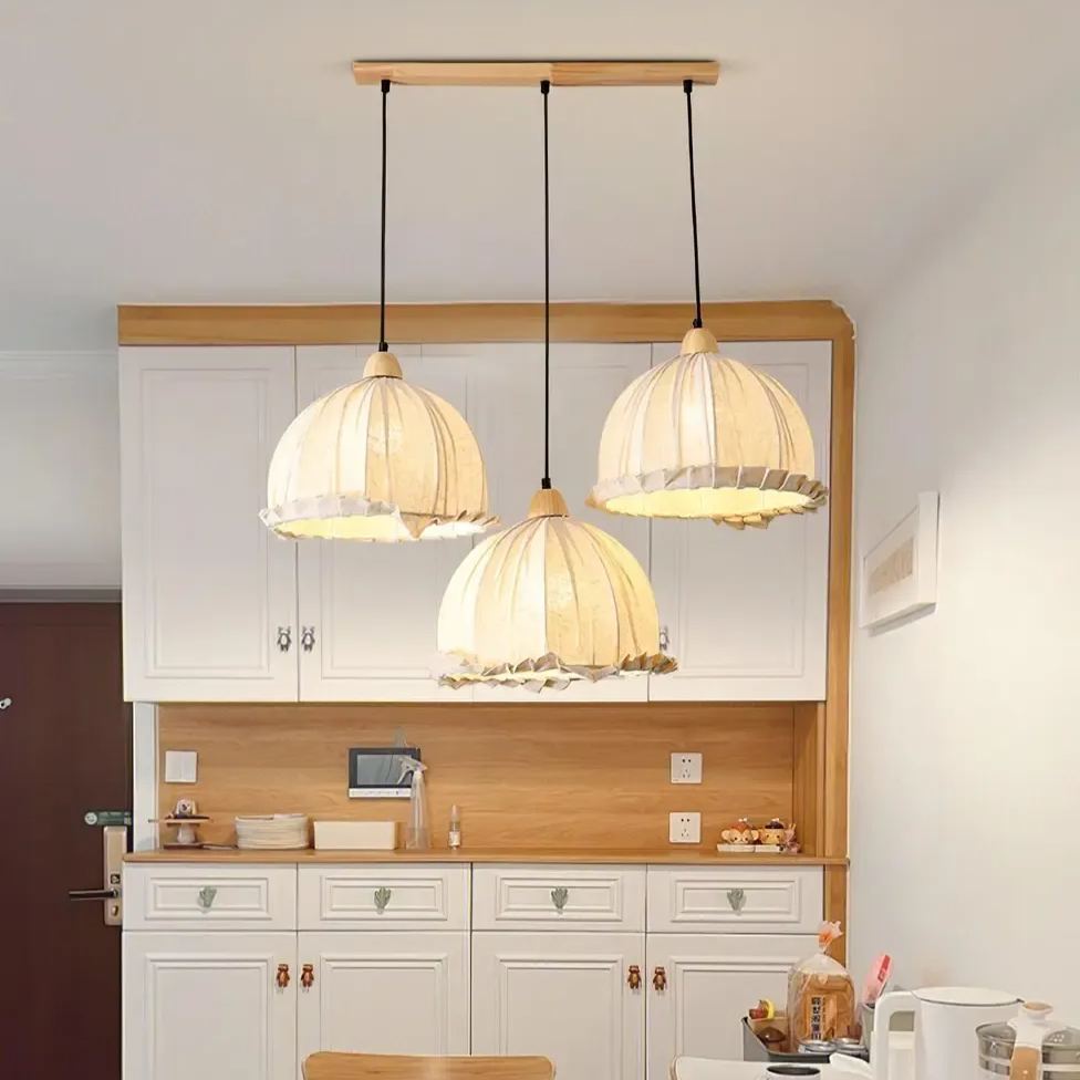 Rattan Fabric Pendant Lamp Beige Dome Shape For Kitchen Image - 30