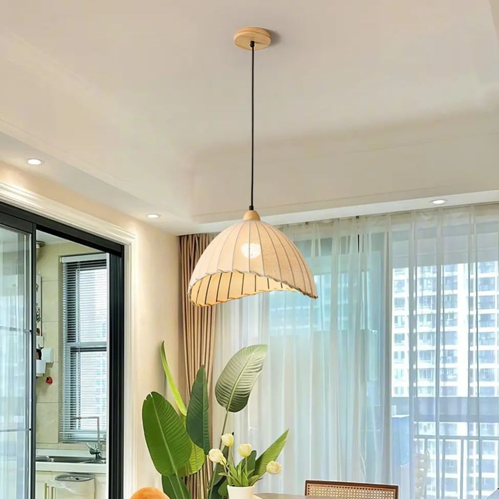 Rattan Fabric Pendant Lamp Beige Dome Shape For Kitchen Image - 35