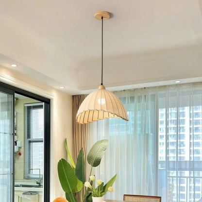 Rattan Fabric Pendant Lamp Beige Dome Shape For Kitchen Image - 35