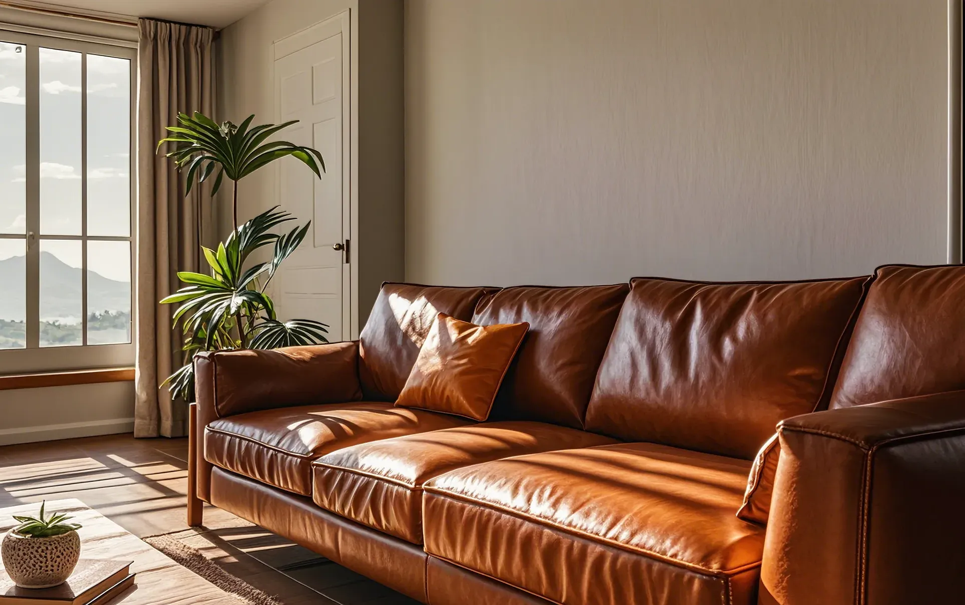 Imitation leather sofa in direct sunlight