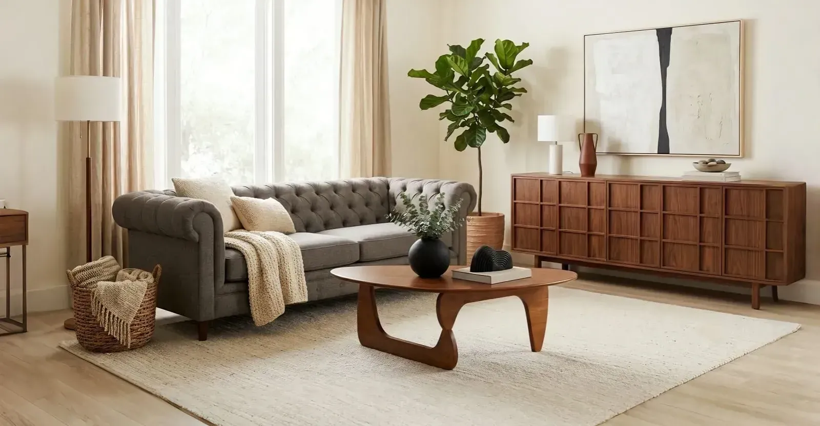 Wood color with grey sofa