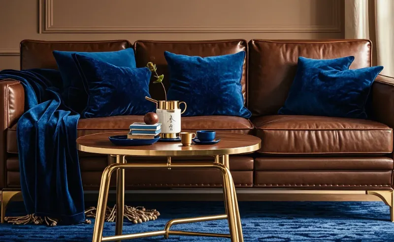 brown sofa with navy blue