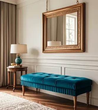 a bold, upholstered bench beneath a mirror