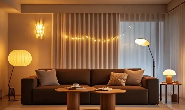 the dark brown sofa with lights