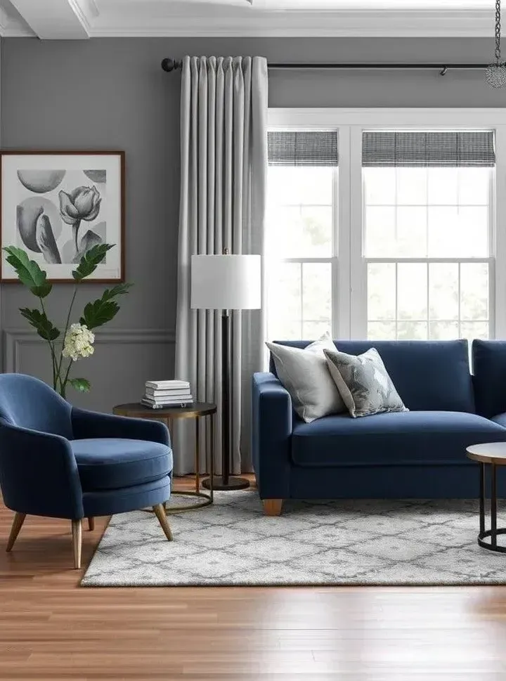 navy blue sofa with gray walls