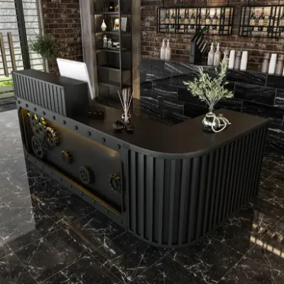 Black L-Shaped Reception Desk with Hutch