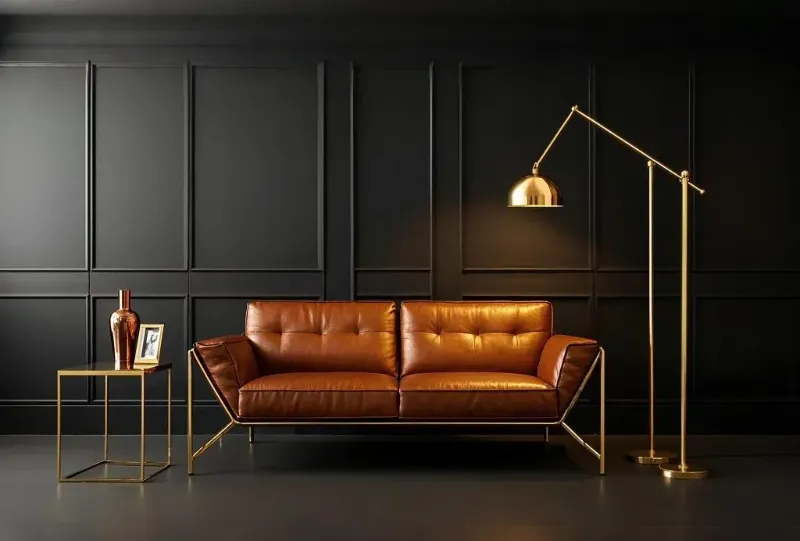 brown sofa with metallic accent