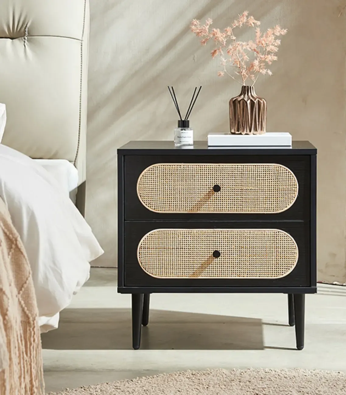 Modern Rattan Espresso Wood 2-Drawer Nightstand Image - 1 | homeyfad
