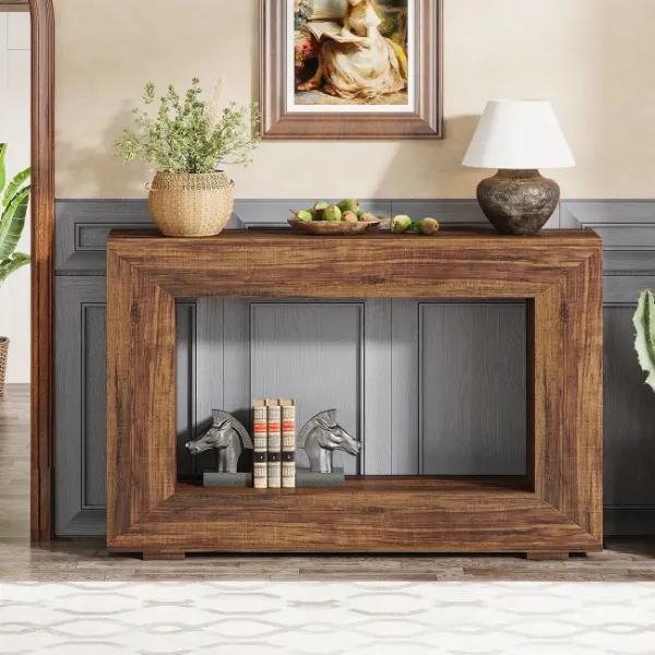 Rustic Walnut Rectangular Console Table with Open Storage Image - 1 | homeyfad