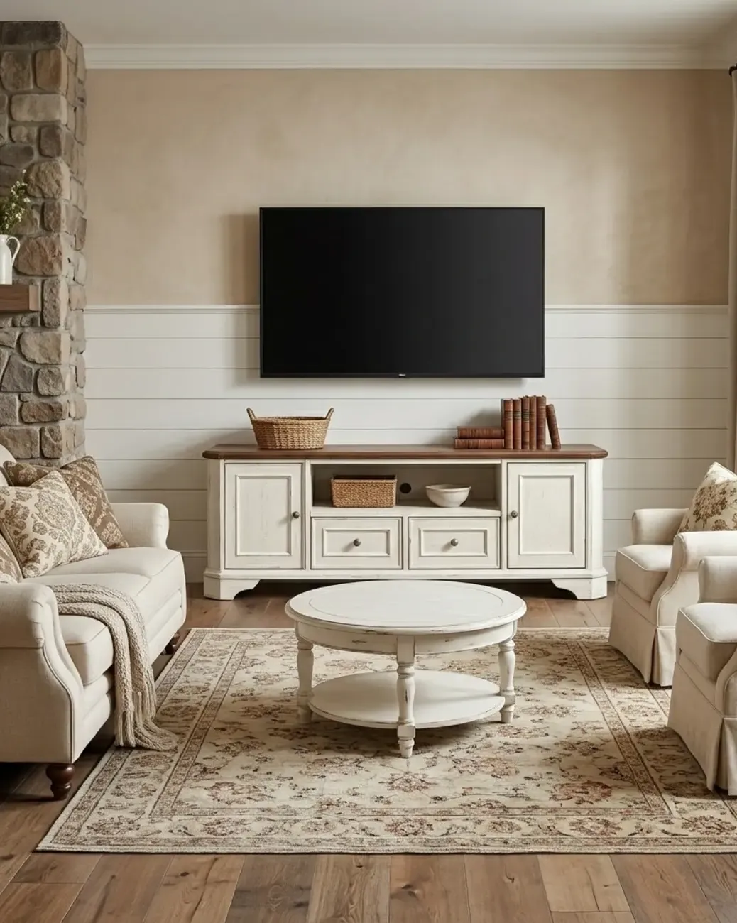 Traditional Farmhouse White TV Stand with Walnut Top Image - 7 | homeyfad