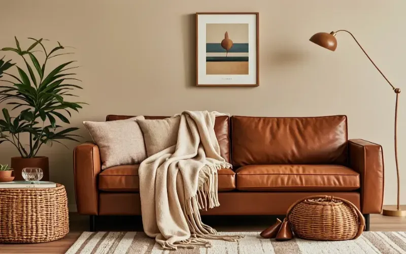 brown sofa with beige wall