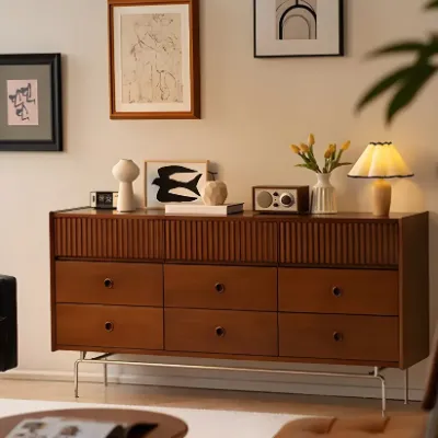Brown Wooden Double-Layer Dresser with 9 Drawers