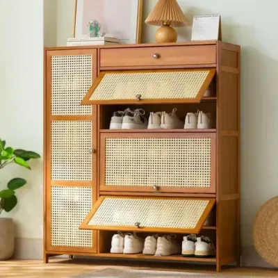 Brown Wood Shoe Cabinet with Cane Doors