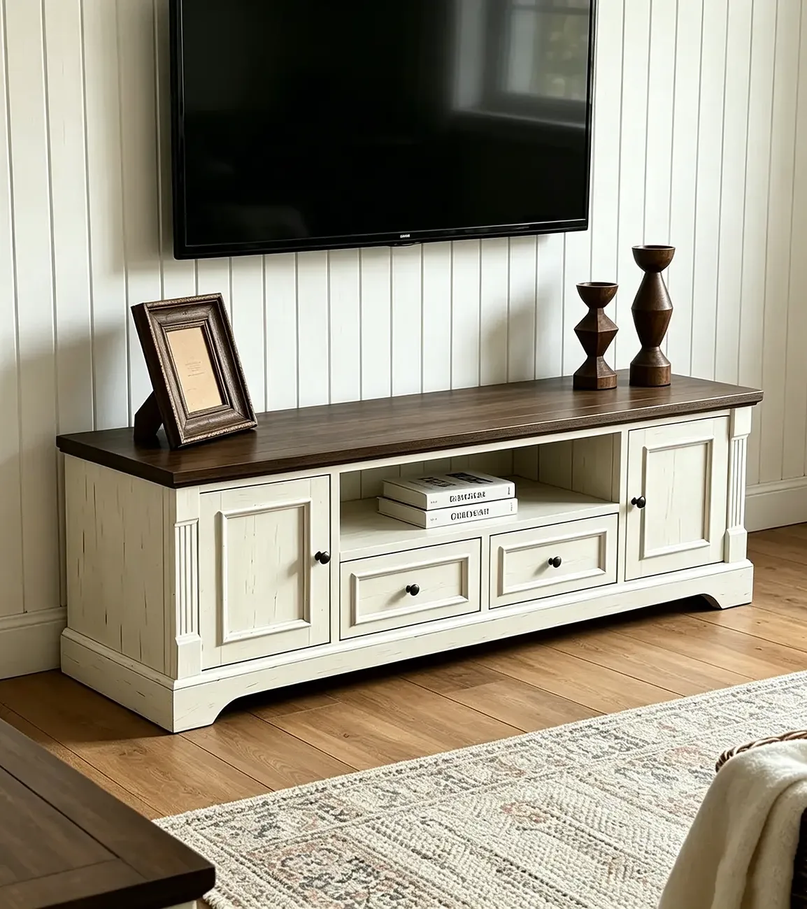 Two-tone Farmhouse Fully Assembled Tv Stand With Arched Plinth Base Image - 1 | homeyfad