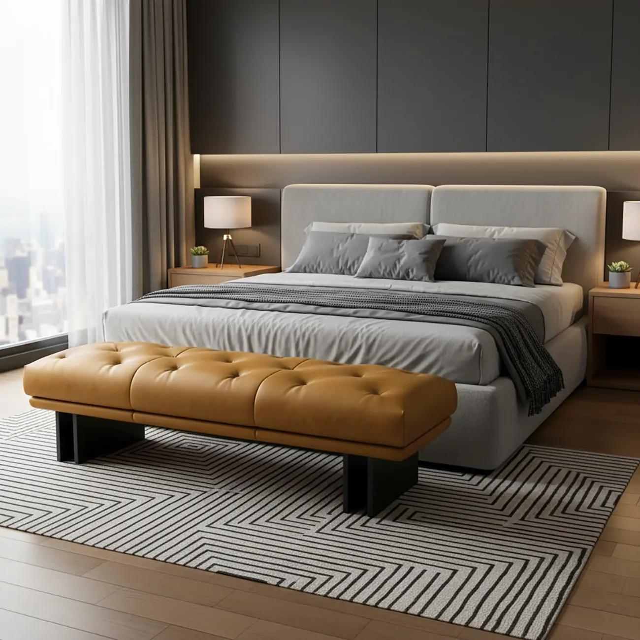 Minimalist Tufted Black Genuine Leather Bedroom Bench Image - 2 | homeyfad