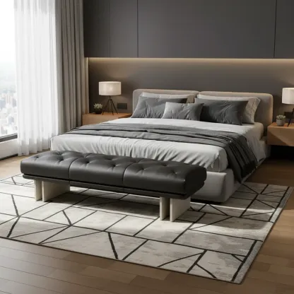 Minimalist Tufted Black Genuine Leather Bedroom Bench Image - 3